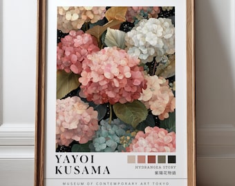 Yayoi Kusama Pink Hydrangea Print, Japanese Floral Wall Art, Botanical Japandi Poster, Contemporary Pink Flower Decor