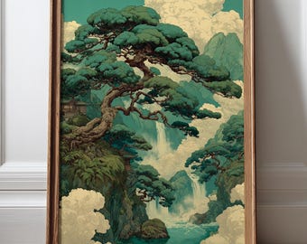 Japanese Pine Tree Wall Art, Vintage Woodblock Waterfall Print, Japandi Mountain Landscape Poster, Green Zen Nature Decor