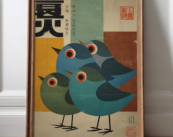 Japanese Bird Art Print, Mid Century Blue Bird Poster, Geometric Animal Illustration, Vintage Japanese Wall Decor