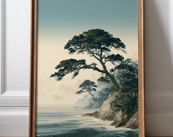 Arte mural costero japonés, lámina vintage de pino, decoración de pared oceánica
