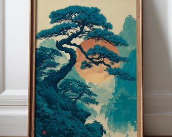 Japanese Pine Tree Poster, Teal Mountain Landscape Print, Vintage Style Japandi Wall Art
