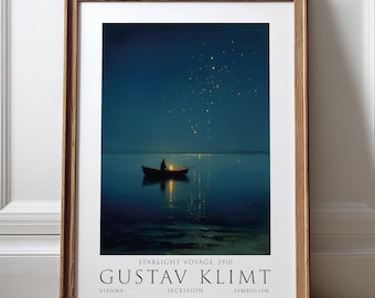 Gustav Klimt Night Ocean Poster, Celestial Boat Wall Art, Starry Ocean Art, Dreamy Blue Sky Print