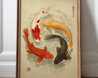 Japanese Koi Fish Poster, Vintage Japanese Wall Art, Zen Koi Pond Print, Japandi Decor,  Oriental Fish Artwork