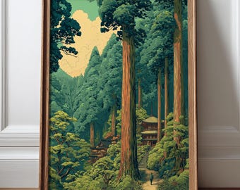 Vintage Japanese Forest Poster, Cedar Temple Landscape Print, Woodblock Style Japanese Art, Japandi Botanical Wall Art