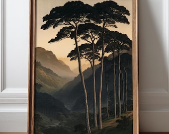 Cuadro de pino japonés, lámina vintage de paisaje de bosque y montaña, póster de naturaleza con árboles altos.