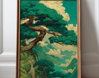 Japanese Pine Tree Poster, Green Mountain Landscape Print, Vintage Japandi Wall Art, Zen Nature Decor
