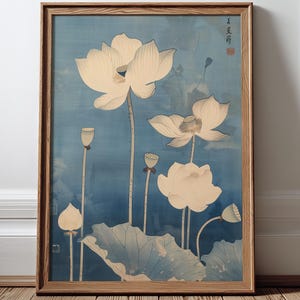 Vintage Japanese lotus wall art print in ukiyo-e style botanical illustration with soft blue tones and delicate linework.
