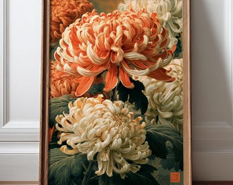 Cuadro de crisantemo japonés, lámina floral vintage, póster botánico naranja, decoración floral inspirada en el ukiyo-e.