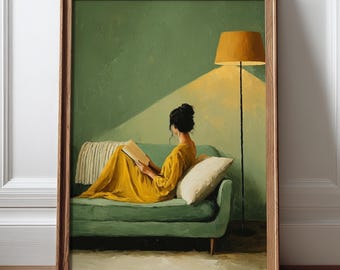 Vintage Woman Reading Wall Art, Green Book Lover Decor, Bookish Wall Art, Literary Poster