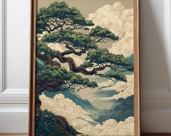 Japanese Pine Tree Poster, Vintage Japanese Wall Art, Japandi Botanical Decor, Nature Landscape Print