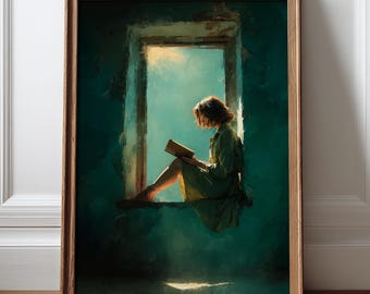 Póster de mujeres leyendo, arte minimalista para pared con temática literaria, decoración literaria en verde esmeralda