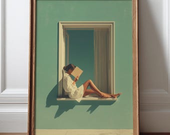 Emerald Green Woman Reading Wall Art, Minimalist Reading Nook Decor, Cozy Bookish Poster