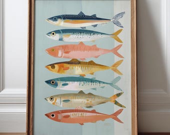 Cuadro decorativo de sardinas, póster costero colorido, decoración náutica de peces, decoración de pared para casa de playa.