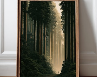 Arte mural de bosque japonés, lámina vintage de naturaleza Ukiyo-e, póster de paisaje verde zen