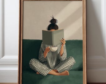 Woman Reading Wall Art, Bookish Green Print, Cozy Reading Room Decor, Book Lover Bedroom Wall Art
