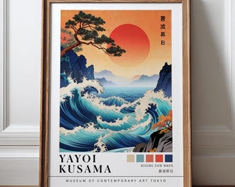 Impressão da Grande Onda de Yayoi Kusama, Arte de Parede Oceano Sol Nascente, Pôster de Yayoi Kusama, Impressão de Onda Japonesa