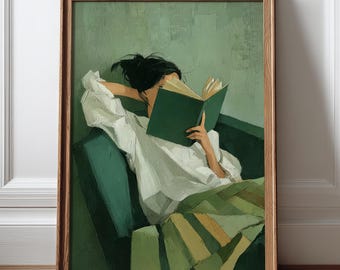 Emerald Green Woman Reading Wall Art, Book Lover Print, Textured Bookish Wall Art
