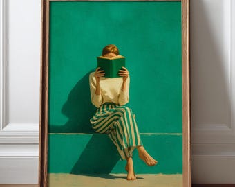 Decoración de pared con temática literaria, póster de mujer leyendo en verde esmeralda, arte vintage de lectura, decoración para amantes de los libros.