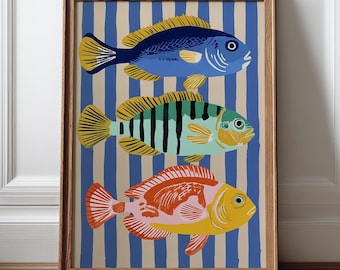 Cuadro decorativo de peces coloridos, estampado retro de peces costeros, decoración náutica para cocina, decoración de pared para casa de playa.