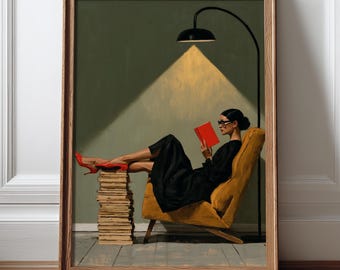Woman Reading Wall Art, Vintage Book Lover Poster, Green Literary Decor, Modern Figurative Painting