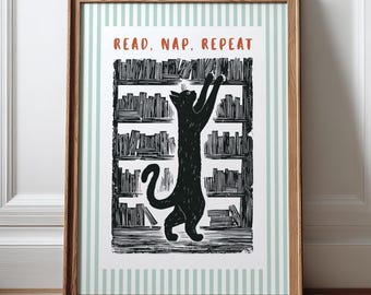 Decoración de pared con temática literaria, póster de biblioteca con gato negro, decoración para rincón de lectura, regalo para amantes de los libros.