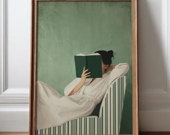 Emerald Green Woman Reading Wall Art, Cozy Book Lover Print, Minimalist Bookish Wall Art, Home Library Decor