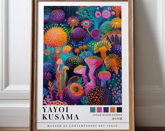 Gravura de Yayoi Kusama, Arte de Parede Japonesa, Pôster da Exposição de Kusama, Arte Floral Colorida com Bolinhas, Gravuras Botânicas Maximalistas