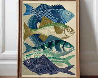 Cuadro decorativo de peces costeros, lámina vintage de peces azules y verdes, decoración náutica para cocina, arte para casas de lago.