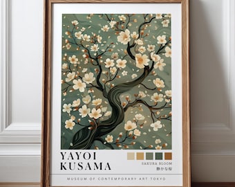 Impressão de flor de cerejeira de Yayoi Kusama, arte de parede botânica japonesa, arte de árvore florida, pôster japonês retrô