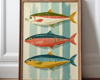 Arte mural costero, póster de peces coloridos, decoración náutica para casa de playa, lámina para cocina con temática oceánica