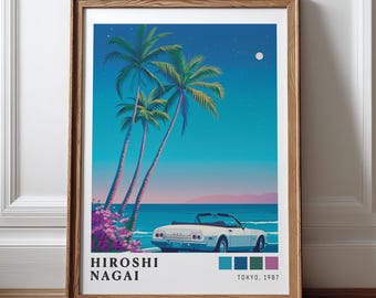 Impressão artística de Hiroshi Nagai, Pop Urbano Retrô, Palmeiras Costeiras, Oceano e Carro dos Anos 80, Download Digital