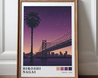 Impressão de pôr do sol de Hiroshi Nagai, arte pop japonesa retrô para parede, impressão de horizonte com palmeiras, download digital.