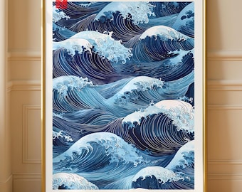 Japanese Wall Art Blue Waves Print, Japandi Wall Art, Wabi Sabi Wall Art, Textured Minimalist Wall Art, Japanese Art Print, Zen Home Decor