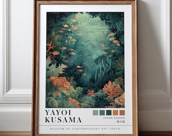 Impressão de recife de coral de Yayoi Kusama, arte de parede oceânica, impressão abstrata de jardim subaquático, arte de parede costeira japonesa, decoração de vida marinha