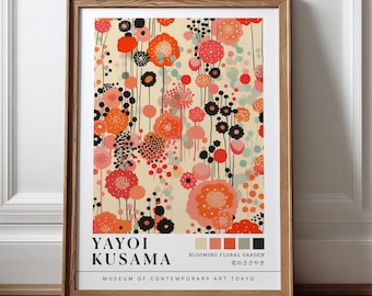 Pôster floral de Yayoi Kusama, arte botânica japonesa para parede, arte botânica colorida com pontos, decoração de parede japonesa moderna