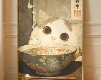 Cat Ramen Print, Japanese Kitchen Wall Art, Cozy Decor (Digital Download)