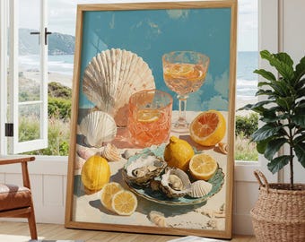 Decoración de pared costera francesa, lámina vintage mediterránea de conchas marinas y limones, decoración costera europea, descarga digital.