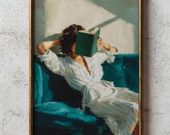 Decoración de pared con temática literaria: Mujer leyendo en verde esmeralda, póster de lectura vintage, decoración para rincón de lectura.