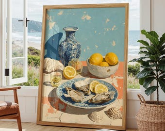 Decoración de pared estilo costa francesa, póster de ostras y limones, decoración de cocina de estilo mediterráneo vintage, imprimible digitalmente.