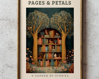 Decoración de pared con temática literaria, póster botánico para estantería, decoración de biblioteca vintage, lámina floral para amantes de los libros.