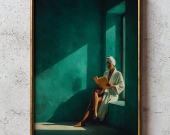 Decoración de pared con temática literaria, póster de mujer leyendo, lujo tranquilo en color esmeralda, lámina vintage para amantes de los libros.
