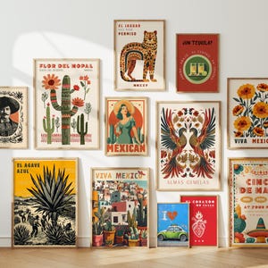Mexican wall art set of 12 featuring vintage colorful Mexican decor prints for bold gallery wall styling