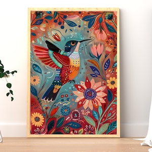 Hummingbird Folk Art Print – Scandinavian Boho Bird Wall Art, Colorful Nature Decor, Floral Illustration Poster