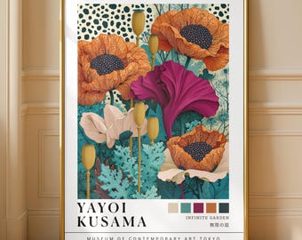 Yayoi Kusama Botanical Wall Art, Colorful Orange Poppy Museum Poster, Japanese Maximalist Print