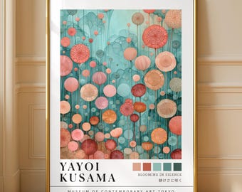 Colorful Yayoi Kusama Print , Botanical Museum Poster, Teal Coral Flowers Decor