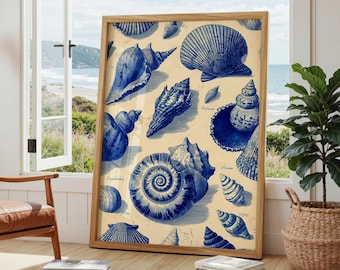 Lámina decorativa de conchas marinas azules, estampado costero vintage en azul marino y marfil, decoración para baño y casa de playa, descarga digital.