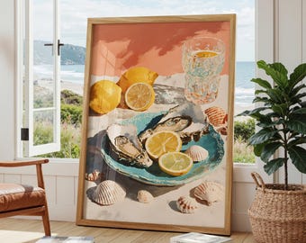 Cuadro decorativo de pared con ostras y limones de la costa francesa, estilo vintage, decoración de cocina imprimible, descarga digital.