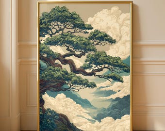 Japanese Pine Tree Wall Art, Vintage Japanese Art Print, Botanical Wall Art, Japanese Landscape Poster, Calming Green Nature Wall Art