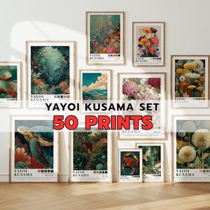 May include: A set of framed art prints with nature-themed illustrations. The prints depict colorful images of flowers, landscapes, and marine life. The text "YAYOI KUSAMA SET 50 PRINTS" is displayed prominently.