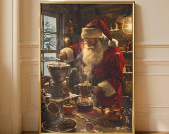 May include: A framed print shows Santa Claus in a red suit and hat, brewing coffee in a snowy kitchen. The image features coffee beans, a coffee maker, and a warm, inviting atmosphere, ideal for the Christmas season.